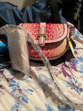 Pink Croc-Embossed Saddle Crossbody Bag with Gold Buckle